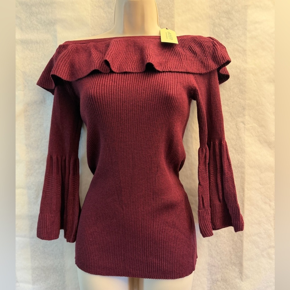 Sephora Off-Shoulder Wine Sweater with ruffle long sleeve  NWT Sz-L.‎ DD7